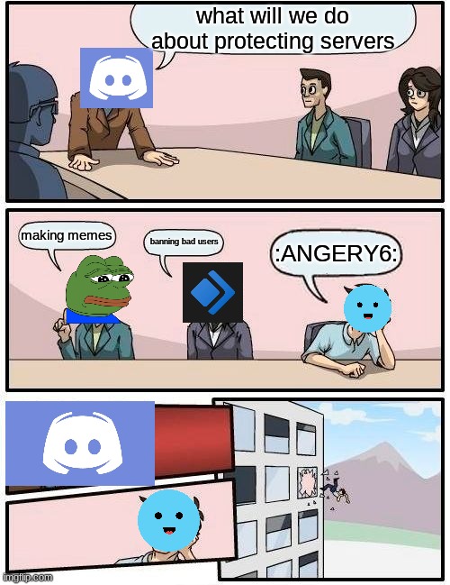 i hate mee6 bot | what will we do about protecting servers; making memes; banning bad users; :ANGERY6: | image tagged in memes,boardroom meeting suggestion | made w/ Imgflip meme maker