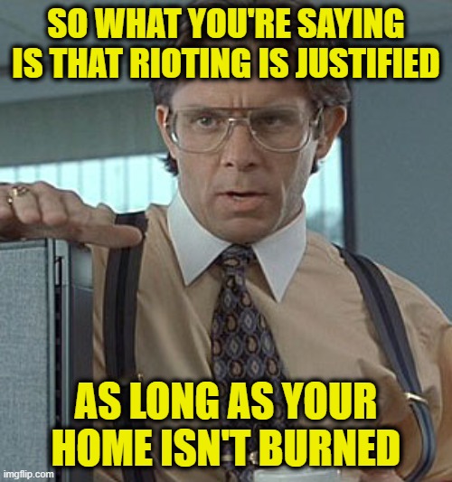 Solidarity -- Up to a Point | SO WHAT YOU'RE SAYING IS THAT RIOTING IS JUSTIFIED; AS LONG AS YOUR HOME ISN'T BURNED | image tagged in bill lumbergh,riots | made w/ Imgflip meme maker