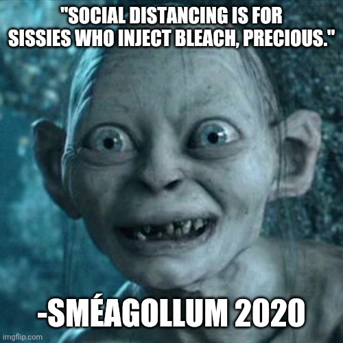 Did anyone else watch the LOTR cast Zoom meeting reunion? | "SOCIAL DISTANCING IS FOR SISSIES WHO INJECT BLEACH, PRECIOUS."; -SMÉAGOLLUM 2020 | image tagged in memes,gollum,lord of the rings | made w/ Imgflip meme maker