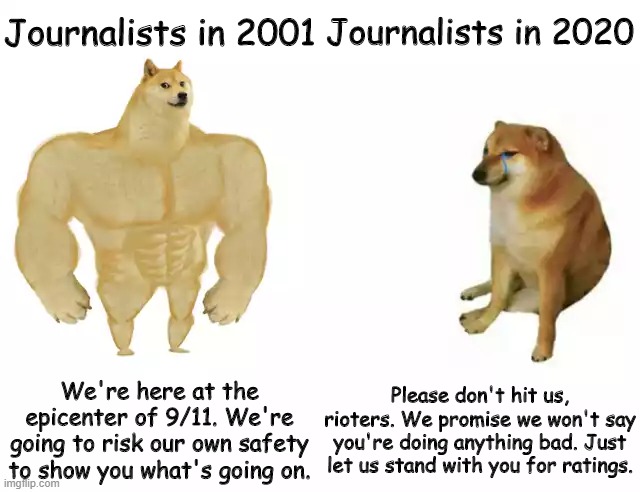 Buff Doge vs. Cheems | Journalists in 2001; Journalists in 2020; We're here at the epicenter of 9/11. We're going to risk our own safety to show you what's going on. Please don't hit us, rioters. We promise we won't say you're doing anything bad. Just let us stand with you for ratings. | image tagged in buff doge vs cheems | made w/ Imgflip meme maker