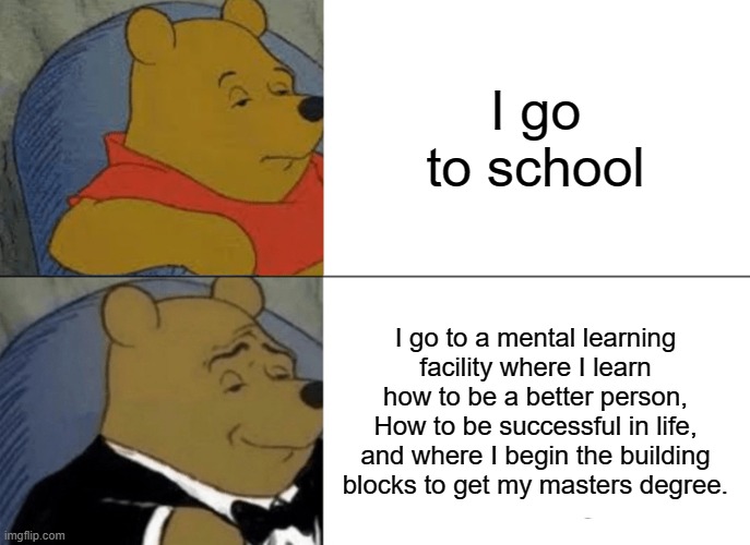 Tuxedo Winnie The Pooh | I go to school; I go to a mental learning facility where I learn how to be a better person, How to be successful in life, and where I begin the building blocks to get my masters degree. | image tagged in memes,tuxedo winnie the pooh | made w/ Imgflip meme maker