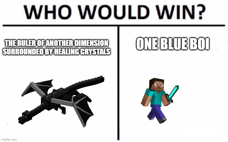 Who Would Win? Meme | ONE BLUE BOI; THE RULER OF ANOTHER DIMENSION SURROUNDED BY HEALING CRYSTALS | image tagged in memes,who would win | made w/ Imgflip meme maker