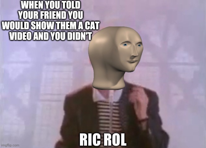 Ric Rol | WHEN YOU TOLD YOUR FRIEND YOU WOULD SHOW THEM A CAT VIDEO AND YOU DIDN'T | image tagged in ric rol | made w/ Imgflip meme maker
