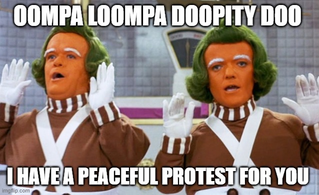 protest | OOMPA LOOMPA DOOPITY DOO; I HAVE A PEACEFUL PROTEST FOR YOU | image tagged in oompa loompas | made w/ Imgflip meme maker