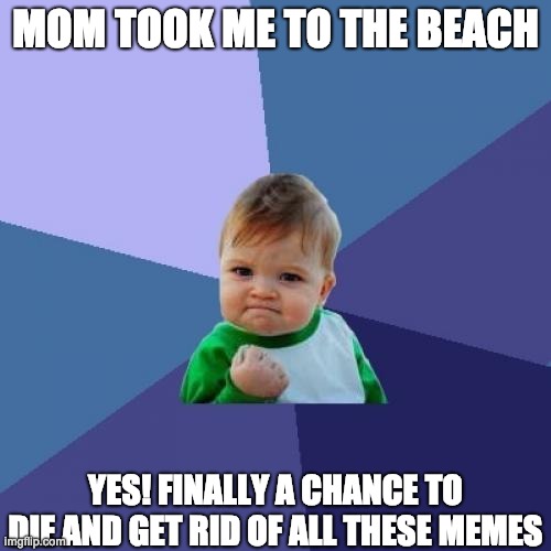 Success Kid | MOM TOOK ME TO THE BEACH; YES! FINALLY A CHANCE TO DIE AND GET RID OF ALL THESE MEMES | image tagged in memes,success kid | made w/ Imgflip meme maker
