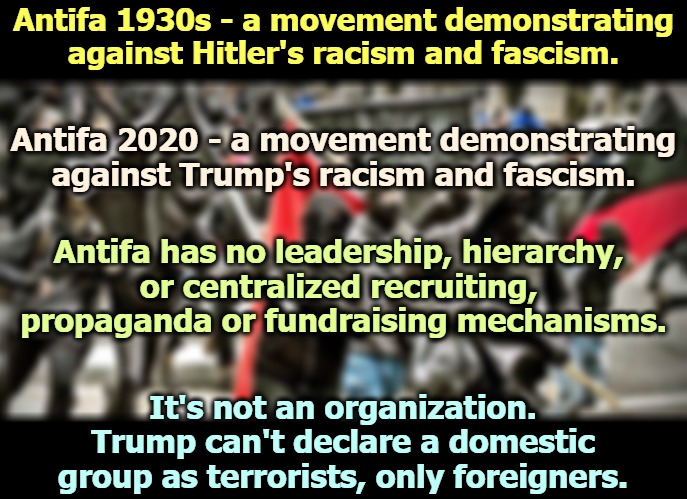 Ignorant Trumptards are helpless without a Bugaboo, a Boogeyman to scare themselves over the campfire. | Antifa 1930s - a movement demonstrating against Hitler's racism and fascism. Antifa 2020 - a movement demonstrating against Trump's racism and fascism. Antifa has no leadership, hierarchy, 
or centralized recruiting, 
propaganda or fundraising mechanisms. It's not an organization. Trump can't declare a domestic group as terrorists, only foreigners. | image tagged in trump,stupid,childish,fascism,racism,antifa | made w/ Imgflip meme maker