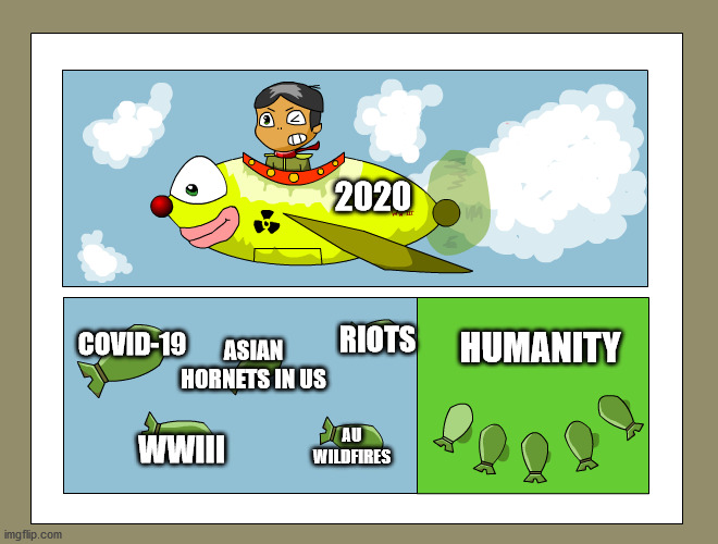 2020 so far... | 2020; RIOTS; HUMANITY; COVID-19; ASIAN HORNETS IN US; AU WILDFIRES; WWIII | image tagged in plane dropping nukes,2020,covid-19,minneapolis riots,wildfires,wwiii | made w/ Imgflip meme maker