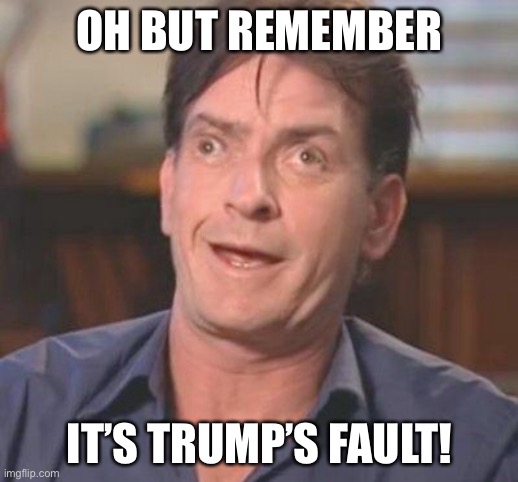 Charlie Sheen DERP | OH BUT REMEMBER IT’S TRUMP’S FAULT! | image tagged in charlie sheen derp | made w/ Imgflip meme maker