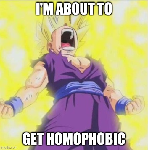 racist goku part 2 | I'M ABOUT TO; GET HOMOPHOBIC | image tagged in dragon ball z | made w/ Imgflip meme maker