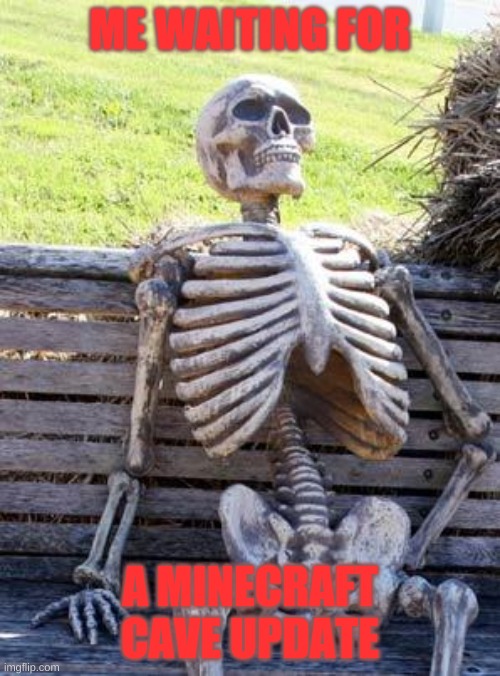 Waiting Skeleton | ME WAITING FOR; A MINECRAFT CAVE UPDATE | image tagged in memes,waiting skeleton | made w/ Imgflip meme maker