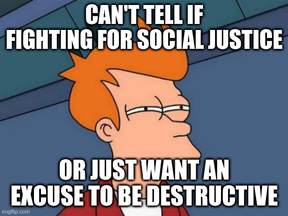 Social Justice warriors | CAN'T TELL IF FIGHTING FOR SOCIAL JUSTICE; OR JUST WANT AN EXCUSE TO BE DESTRUCTIVE | image tagged in futurama fry | made w/ Imgflip meme maker