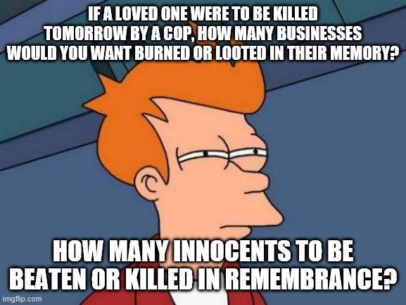 Futurama Fry | IF A LOVED ONE WERE TO BE KILLED TOMORROW BY A COP, HOW MANY BUSINESSES WOULD YOU WANT BURNED OR LOOTED IN THEIR MEMORY? HOW MANY INNOCENTS TO BE BEATEN OR KILLED IN REMEMBRANCE? | image tagged in memes,futurama fry | made w/ Imgflip meme maker