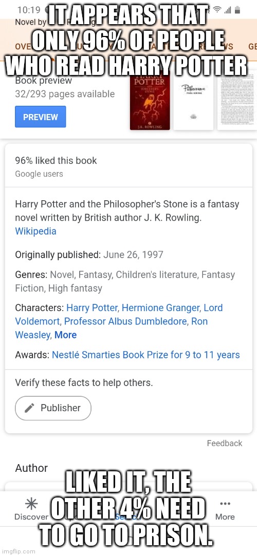 IT APPEARS THAT ONLY 96% OF PEOPLE WHO READ HARRY POTTER; LIKED IT, THE OTHER 4% NEED TO GO TO PRISON. | made w/ Imgflip meme maker