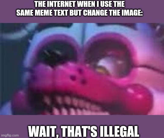 Funtime Foxy is Terrible | THE INTERNET WHEN I USE THE SAME MEME TEXT BUT CHANGE THE IMAGE:; WAIT, THAT'S ILLEGAL | image tagged in funtime foxy is terrible,fnaf,fnaf sister location,funtime foxy | made w/ Imgflip meme maker