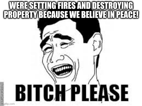 bitch please | WERE SETTING FIRES AND DESTROYING PROPERTY BECAUSE WE BELIEVE IN PEACE! | image tagged in bitch please | made w/ Imgflip meme maker
