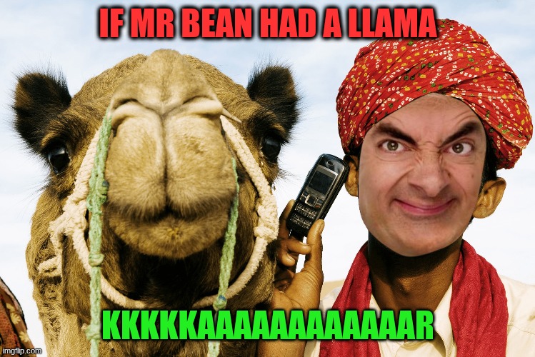 Mr Bean As A Llama Owner | IF MR BEAN HAD A LLAMA; KKKKKAAAAAAAAAAAAR | image tagged in mr bean,rowan atkinson,camel,llama,iphone | made w/ Imgflip meme maker