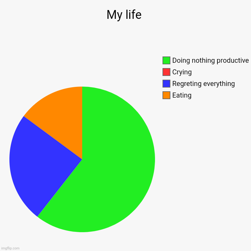 My life | Eating, Regreting everything , Crying, Doing nothing productive | image tagged in charts,pie charts | made w/ Imgflip chart maker