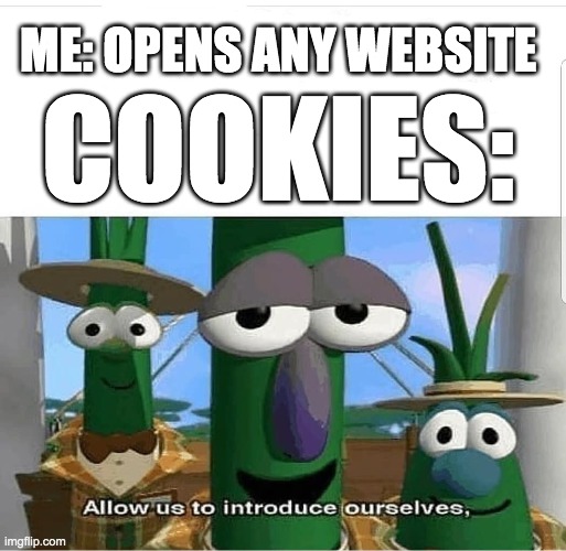 Cookies | COOKIES:; ME: OPENS ANY WEBSITE | image tagged in allow us to introduce ourselves,cookies,memes,funny,frontpage,baby jesus for moderator | made w/ Imgflip meme maker