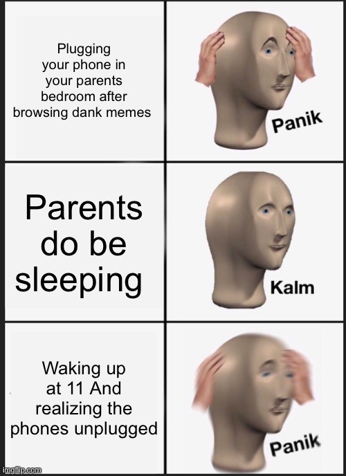 Ahh parental restrictions | Plugging your phone in your parents bedroom after browsing dank memes; Parents do be sleeping; Waking up at 11 And realizing the phones unplugged | image tagged in memes,panik kalm panik | made w/ Imgflip meme maker