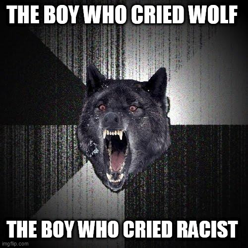 Insanity Wolf Meme | THE BOY WHO CRIED WOLF; THE BOY WHO CRIED RACIST | image tagged in memes,insanity wolf | made w/ Imgflip meme maker