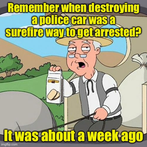 What has our country become? | Remember when destroying a police car was a surefire way to get arrested? It was about a week ago | image tagged in memes,pepperidge farm remembers,riots | made w/ Imgflip meme maker