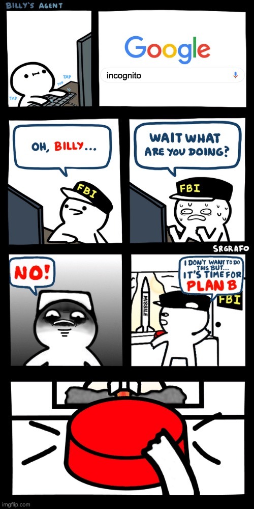Billy's FBI agent plan B | incognito | image tagged in billys fbi agent plan b,memes,funny,baby jesus for moderator,billy what have you done | made w/ Imgflip meme maker