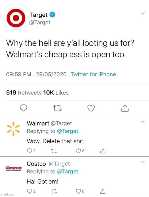 "not mine-from twitter" | image tagged in twitter,walmart,target,costco,protests,george floyd | made w/ Imgflip meme maker