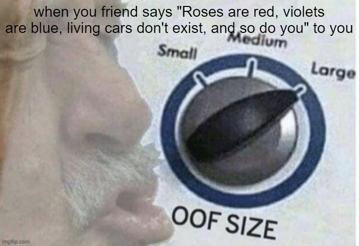 OOOOOOOFFFFFF |  when you friend says "Roses are red, violets are blue, living cars don't exist, and so do you" to you | image tagged in oof size large | made w/ Imgflip meme maker