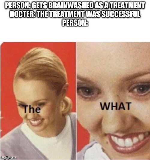 The What lady | PERSON: GETS BRAINWASHED AS A TREATMENT
DOCTER: THE TREATMENT WAS SUCCESSFUL
PERSON: | image tagged in the what lady | made w/ Imgflip meme maker