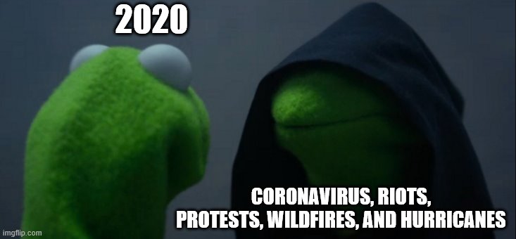 why tho | 2020; CORONAVIRUS, RIOTS, PROTESTS, WILDFIRES, AND HURRICANES | image tagged in memes,evil kermit | made w/ Imgflip meme maker