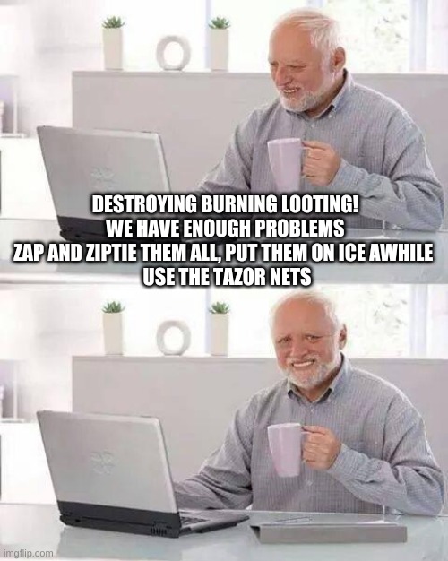 TazorNets | DESTROYING BURNING LOOTING! 
WE HAVE ENOUGH PROBLEMS 
ZAP AND ZIPTIE THEM ALL, PUT THEM ON ICE AWHILE  
USE THE TAZOR NETS | image tagged in memes,hide the pain harold | made w/ Imgflip meme maker