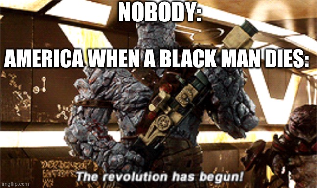 The revolution has begun | NOBODY:; AMERICA WHEN A BLACK MAN DIES: | image tagged in the revolution has begun | made w/ Imgflip meme maker