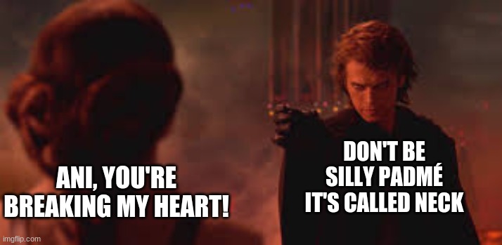 Anakin Choking Padmé | DON'T BE SILLY PADMÉ IT'S CALLED NECK; ANI, YOU'RE BREAKING MY HEART! | image tagged in anakin choking padm | made w/ Imgflip meme maker