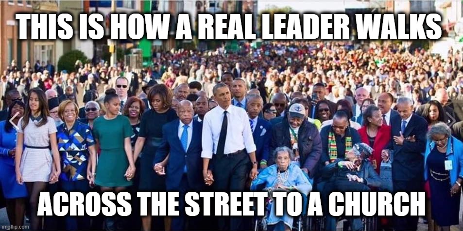 Obama Walks With The People | THIS IS HOW A REAL LEADER WALKS; ACROSS THE STREET TO A CHURCH | image tagged in barack obama,obama,walking | made w/ Imgflip meme maker