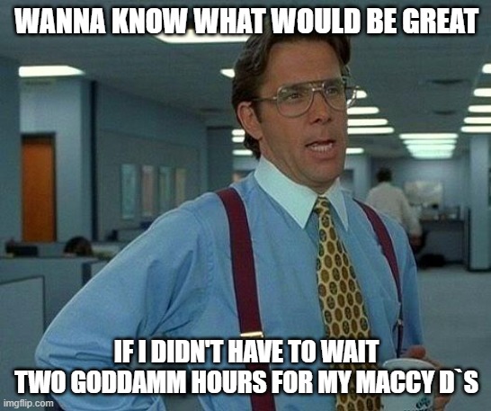 wanna know what would be great | WANNA KNOW WHAT WOULD BE GREAT; IF I DIDN'T HAVE TO WAIT TWO GODDAMM HOURS FOR MY MACCY D`S | image tagged in memes,that would be great | made w/ Imgflip meme maker