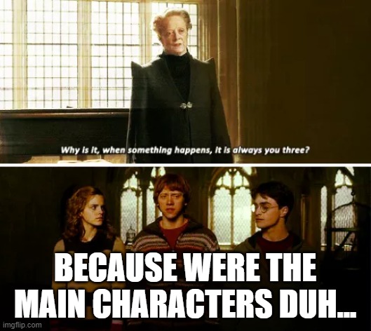 main | BECAUSE WERE THE MAIN CHARACTERS DUH... | image tagged in always you three | made w/ Imgflip meme maker