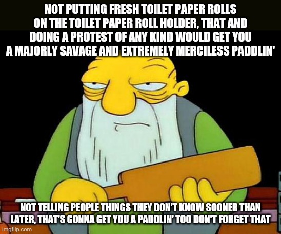 That's a paddlin' | NOT PUTTING FRESH TOILET PAPER ROLLS ON THE TOILET PAPER ROLL HOLDER, THAT AND DOING A PROTEST OF ANY KIND WOULD GET YOU A MAJORLY SAVAGE AND EXTREMELY MERCILESS PADDLIN'; NOT TELLING PEOPLE THINGS THEY DON'T KNOW SOONER THAN LATER, THAT'S GONNA GET YOU A PADDLIN' TOO DON'T FORGET THAT | image tagged in memes,that's a paddlin',toilet paper,protest,savage memes,truth hurts | made w/ Imgflip meme maker