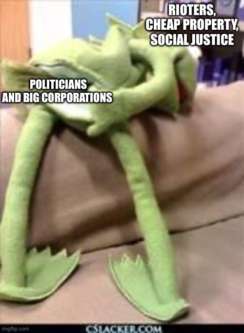 Gay kermit | RIOTERS, CHEAP PROPERTY, SOCIAL JUSTICE; POLITICIANS AND BIG CORPORATIONS | image tagged in gay kermit | made w/ Imgflip meme maker