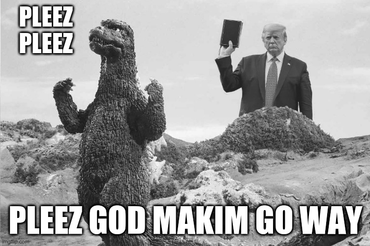 Pleez God Makim Go Way | PLEEZ
   PLEEZ; PLEEZ GOD MAKIM GO WAY | image tagged in politics,trump | made w/ Imgflip meme maker