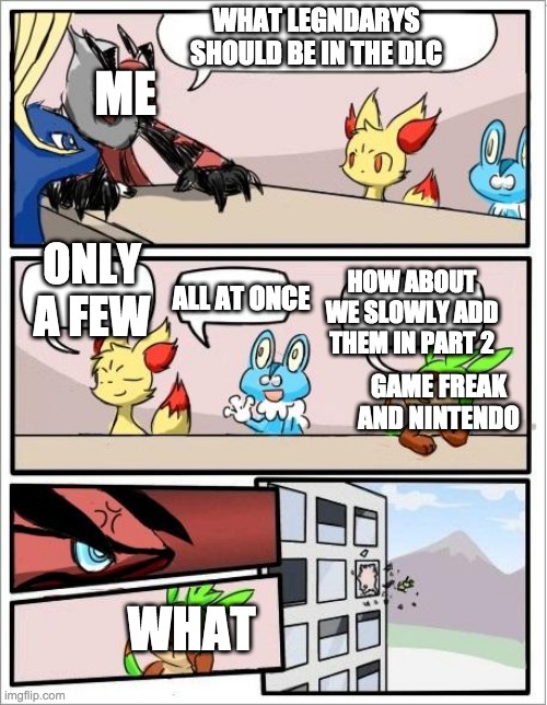 Pokemon board meeting | WHAT LEGNDARYS SHOULD BE IN THE DLC; ME; ONLY A FEW; ALL AT ONCE; HOW ABOUT WE SLOWLY ADD THEM IN PART 2; GAME FREAK AND NINTENDO; WHAT | image tagged in pokemon board meeting | made w/ Imgflip meme maker