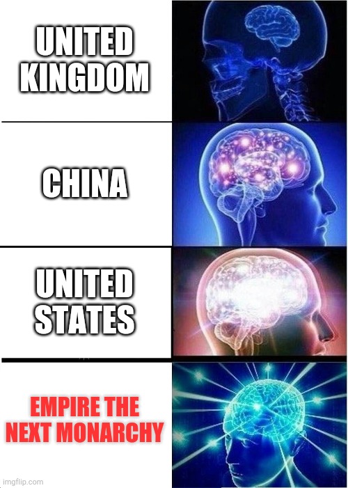 Empire the next monarchy Rating of Country | UNITED KINGDOM; CHINA; UNITED STATES; EMPIRE THE NEXT MONARCHY | image tagged in memes,expanding brain | made w/ Imgflip meme maker