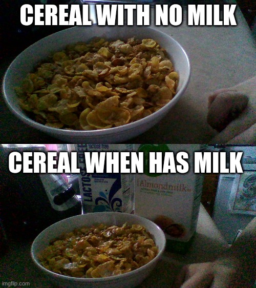 Dani Meme (Please post this on r/danidev P.S. OJ  IS  C R I N G E  P.P.S WATCH KARLSON VIBE) | CEREAL WITH NO MILK; CEREAL WHEN HAS MILK | image tagged in r/danidev,dani,cereal without milk,cereal when has milk | made w/ Imgflip meme maker