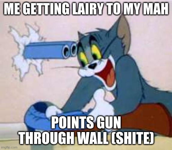 tom the cat shooting himself  | ME GETTING LAIRY TO MY MAH; POINTS GUN THROUGH WALL (SHITE) | image tagged in tom the cat shooting himself | made w/ Imgflip meme maker