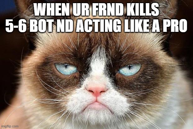 PUBG MEME | WHEN UR FRND KILLS 5-6 BOT ND ACTING LIKE A PRO | image tagged in memes,grumpy cat not amused,grumpy cat | made w/ Imgflip meme maker