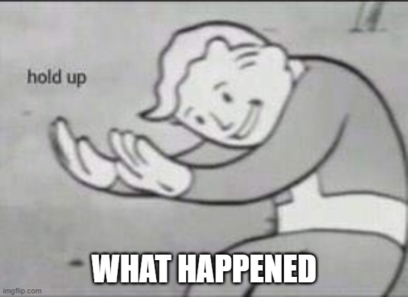 Fallout Hold Up | WHAT HAPPENED | image tagged in fallout hold up | made w/ Imgflip meme maker