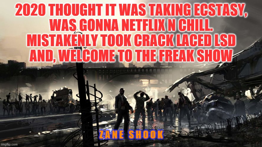 Z 2020 | 2020 THOUGHT IT WAS TAKING ECSTASY,
WAS GONNA NETFLIX N CHILL.
MISTAKENLY TOOK CRACK LACED LSD
AND, WELCOME TO THE FREAK SHOW; Z A N E   S H O O K | image tagged in zombies,2020,covid 19 | made w/ Imgflip meme maker