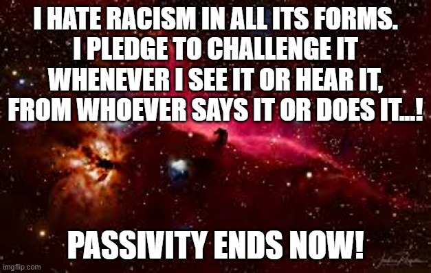 Passivity Ends Now! | I HATE RACISM IN ALL ITS FORMS.
I PLEDGE TO CHALLENGE IT WHENEVER I SEE IT OR HEAR IT, FROM WHOEVER SAYS IT OR DOES IT...! PASSIVITY ENDS NOW! | image tagged in racism,no racism,black lives matter | made w/ Imgflip meme maker