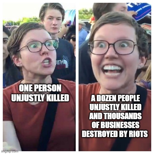 Psychotic | ONE PERSON UNJUSTLY KILLED; A DOZEN PEOPLE UNJUSTLY KILLED AND THOUSANDS OF BUSINESSES DESTROYED BY RIOTS | image tagged in triggered,sad,unfair | made w/ Imgflip meme maker