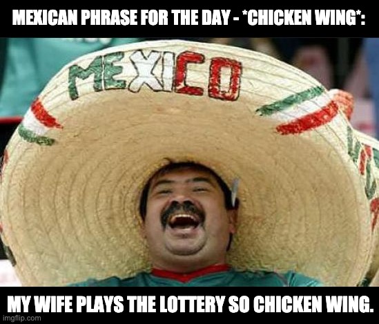Chicken Wing if she don't try | MEXICAN PHRASE FOR THE DAY - *CHICKEN WING*:; MY WIFE PLAYS THE LOTTERY SO CHICKEN WING. | image tagged in mexican word of the day | made w/ Imgflip meme maker