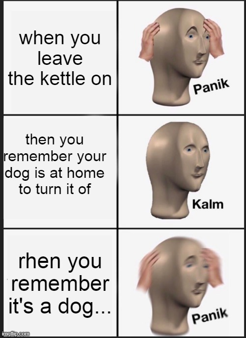 Panik Kalm Panik | when you leave the kettle on; then you remember your dog is at home to turn it of; rhen you remember it's a dog... | image tagged in memes,panik kalm panik | made w/ Imgflip meme maker